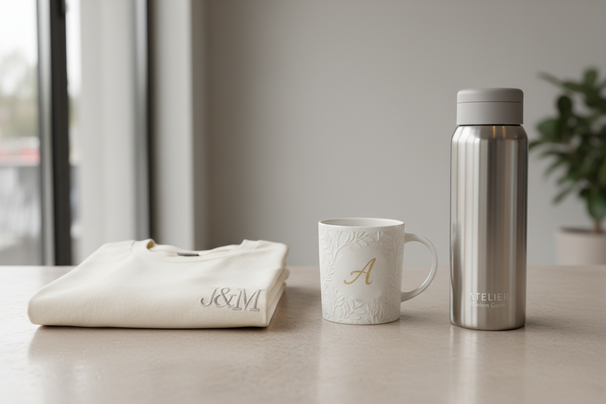 Image élégante autour de la personnalisation d'objets ( mug, t-shirt, thermos )