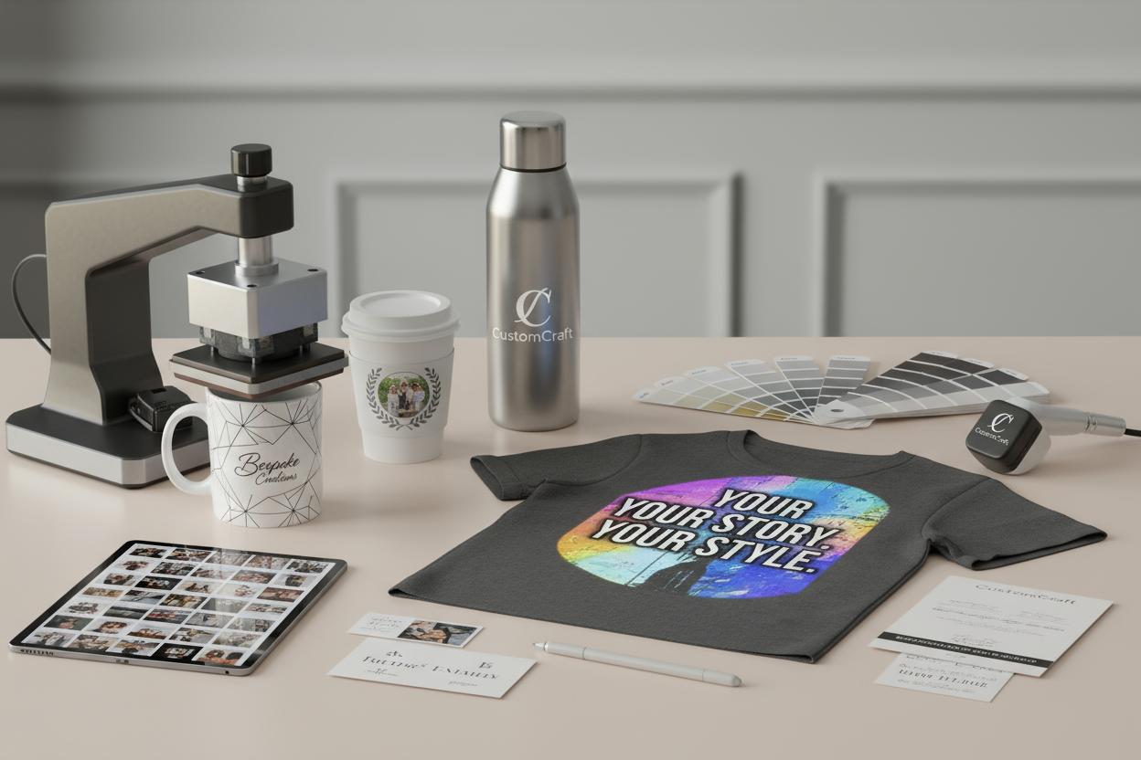 image élégante sur la personnalisation ( texte, photo, image, logo ) d'objets ( mug, tasse, t-shirt, thermos au format 1920x1080 pixels